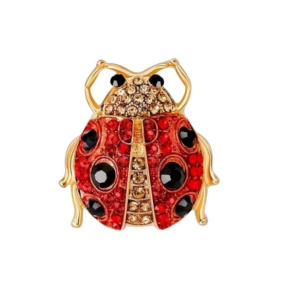Cute Lady Bug Ladybug Brooch Red & Black Crystals Gold Tone - Picture 1 of 2